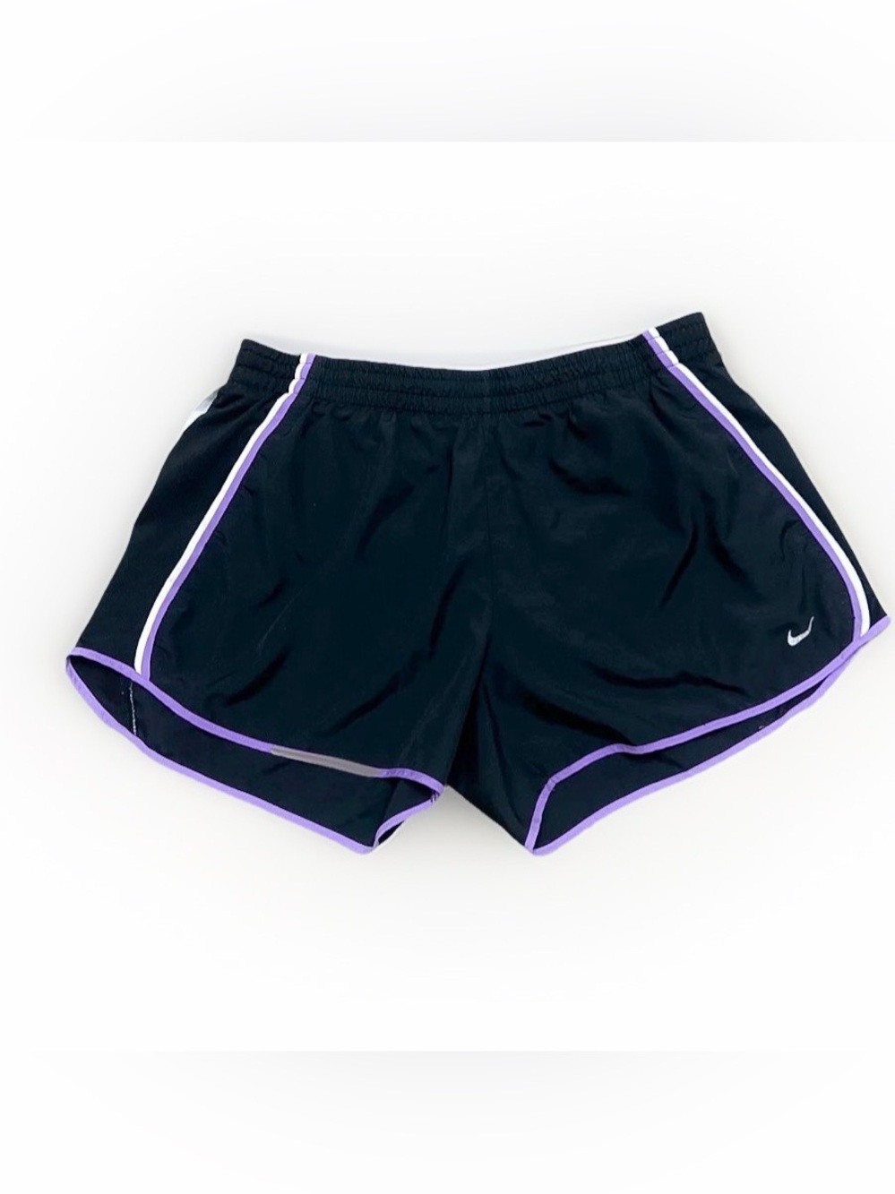 Nike Dri-Fit Lined Women's Large Black Athletic Shorts with Purple Trim